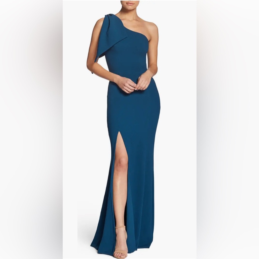 Dress the Population Teal One-Shoulder Evening Gown with Thigh Slit